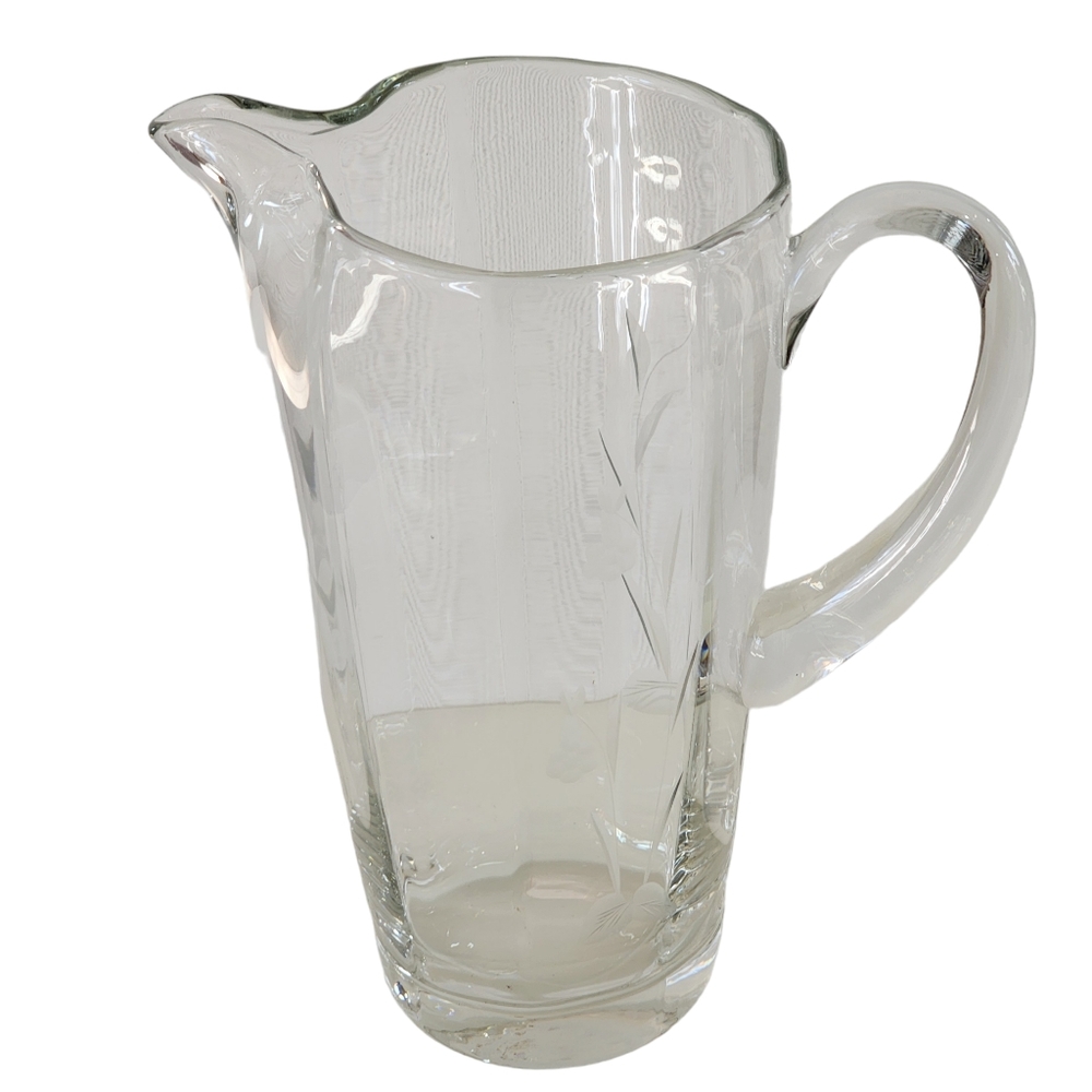 Vintage Etched Clear‎ Crystal Water Pitcher With Floral design 32 Oz